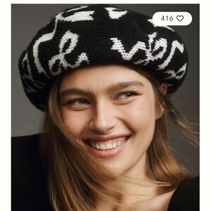 Anthropologie Black and White Script Beret